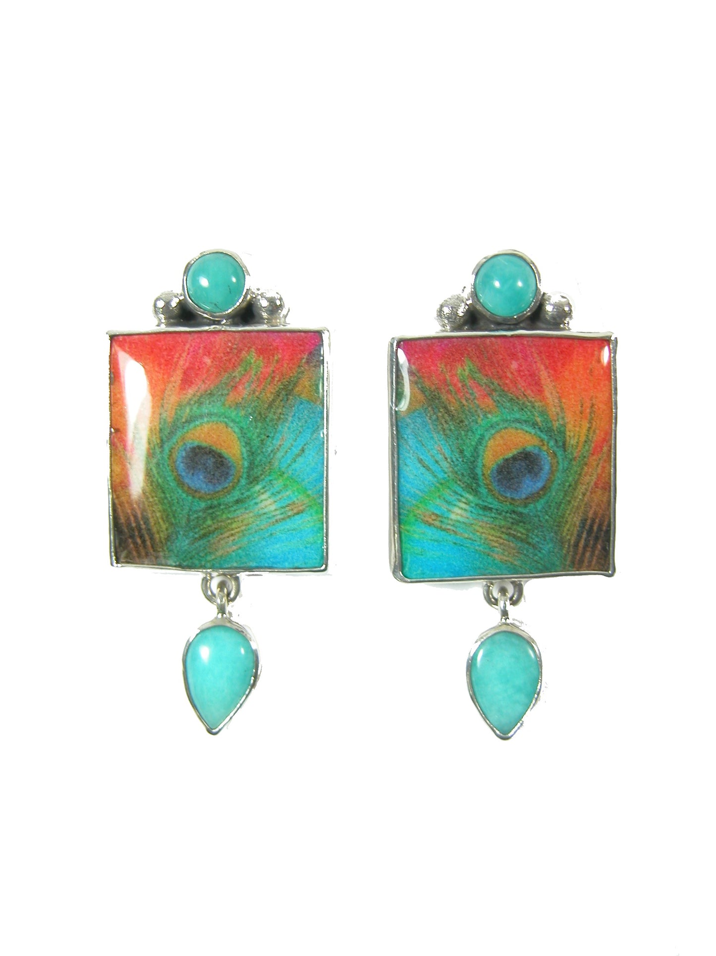 Multi Color Peacock Feather Tile Amazonite Sterling Silver Earring