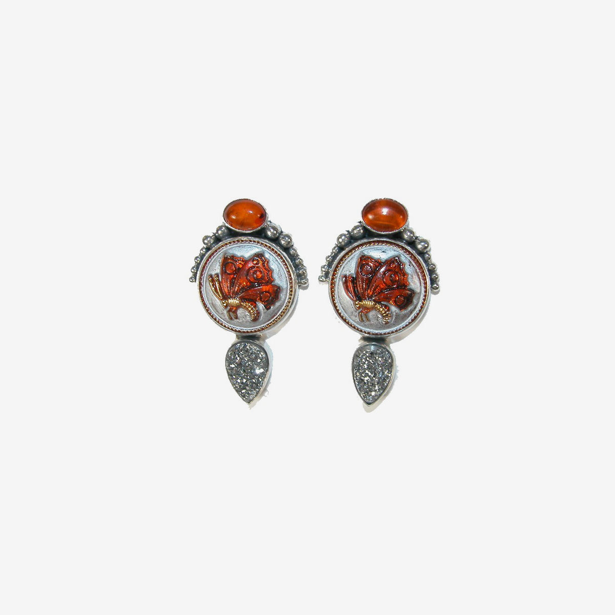 30026 Hessonite, Titanium Clad Druzy, Vintage Czech Glass, Sterling Silver Earrings