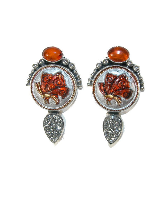 30026 Hessonite, Titanium clad Drusy, Vintage Czech Glass and Sterling Silver Earrings
