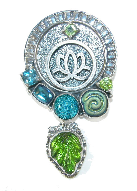 30030 Sterling Silver Lotus Flower with Blue Topaz, Peridot, and Quartz Pin Pendant