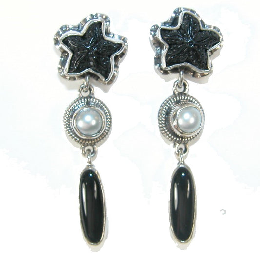 Freshwater Pearl, Carved Starfish, Onyx Sterling Silver Earrings