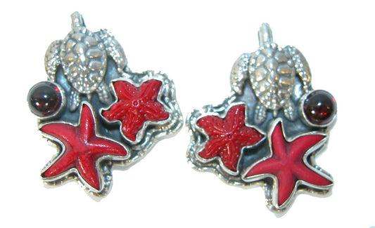 30035 Garnet Sea Turtle Starfish Sterling Silver Earring