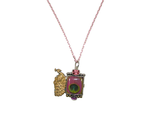 30048D Peacock Hand Made Tile, Hand Enameling Sterling Silver Necklace