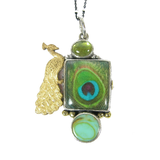 Green Peacock Feather Tile Vesuvianite Sterling Silver Pendant Necklace