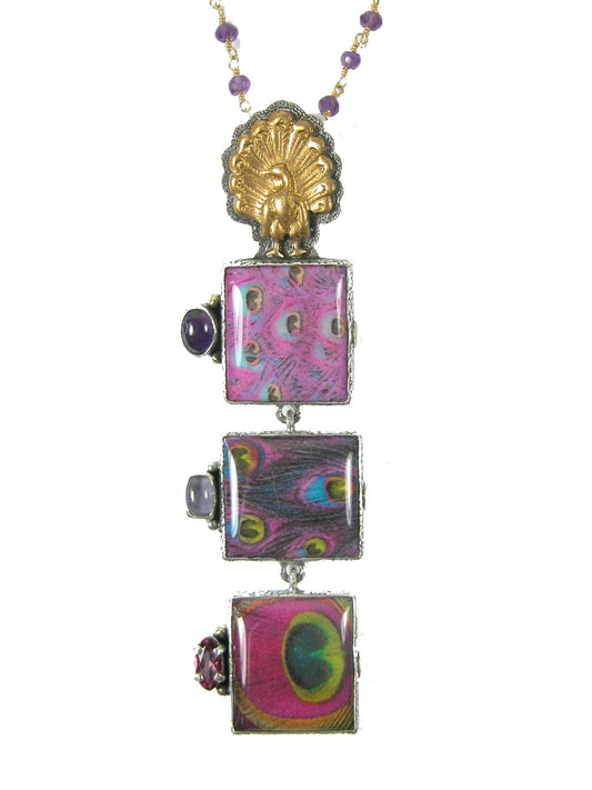 30052 Hand Made Peacock Feather Tile Amethyst Iolite Sterling Silver Pendant Necklace