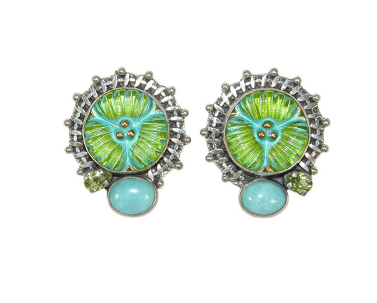Green and Blue Czech Glass Button with Amazonite Earrings