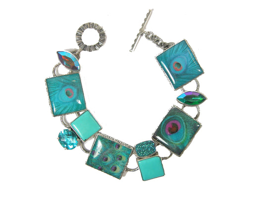 Handmade Peacock Tile with Czech Glass and Turquoise Bracelet
