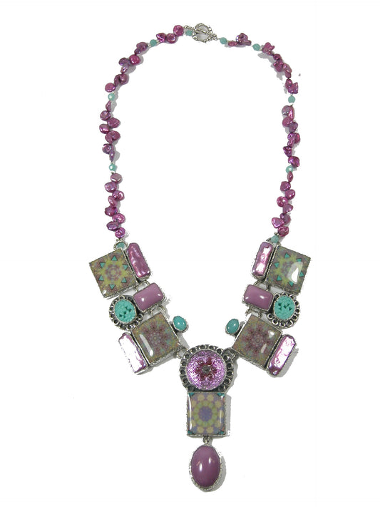 Handmade tile Phosphosiderite Vintage Glass Button Freshwater Pearl Necklace