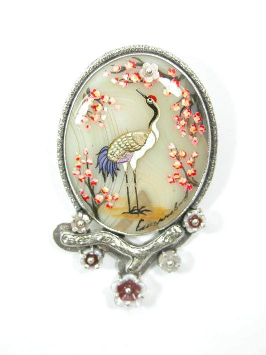 Handpainted Agate Mother of Pearl Flower Sterling Silver