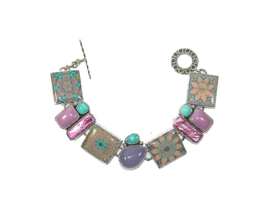 Amazonite, Phosphosiderite, Freshwater Pearl, Purple Quartz Tile Sterling Silver Bracelet