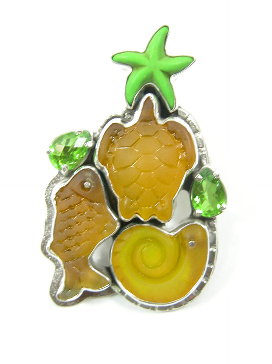 Celestial Quartz, Hand Carved Turtle Starfish Sterling Silver Pin and Pendant