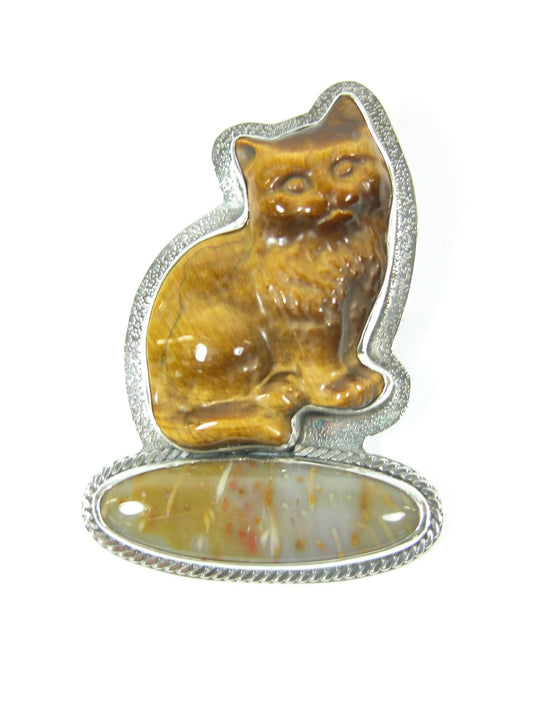 Tiger's Eye Cat with Agate Sterling Silver Pin Pendant