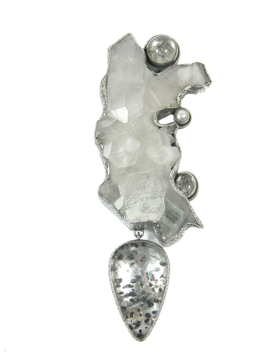 Crystal with Tourmalated Quartz Dendritic Agate Pin and Pendant