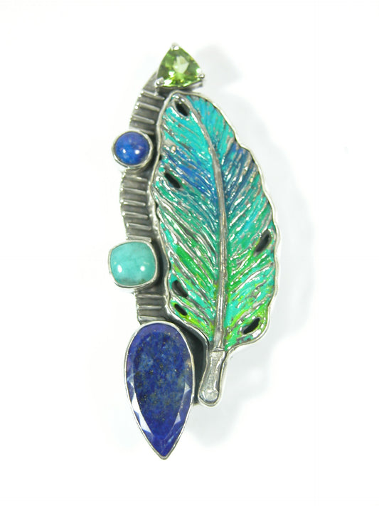 Peridot Lapis Amazonite Feather Pin Pendant Sterling Silver