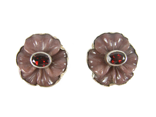 30112A Carved Garnet, Agate Sterling Silver Earrings