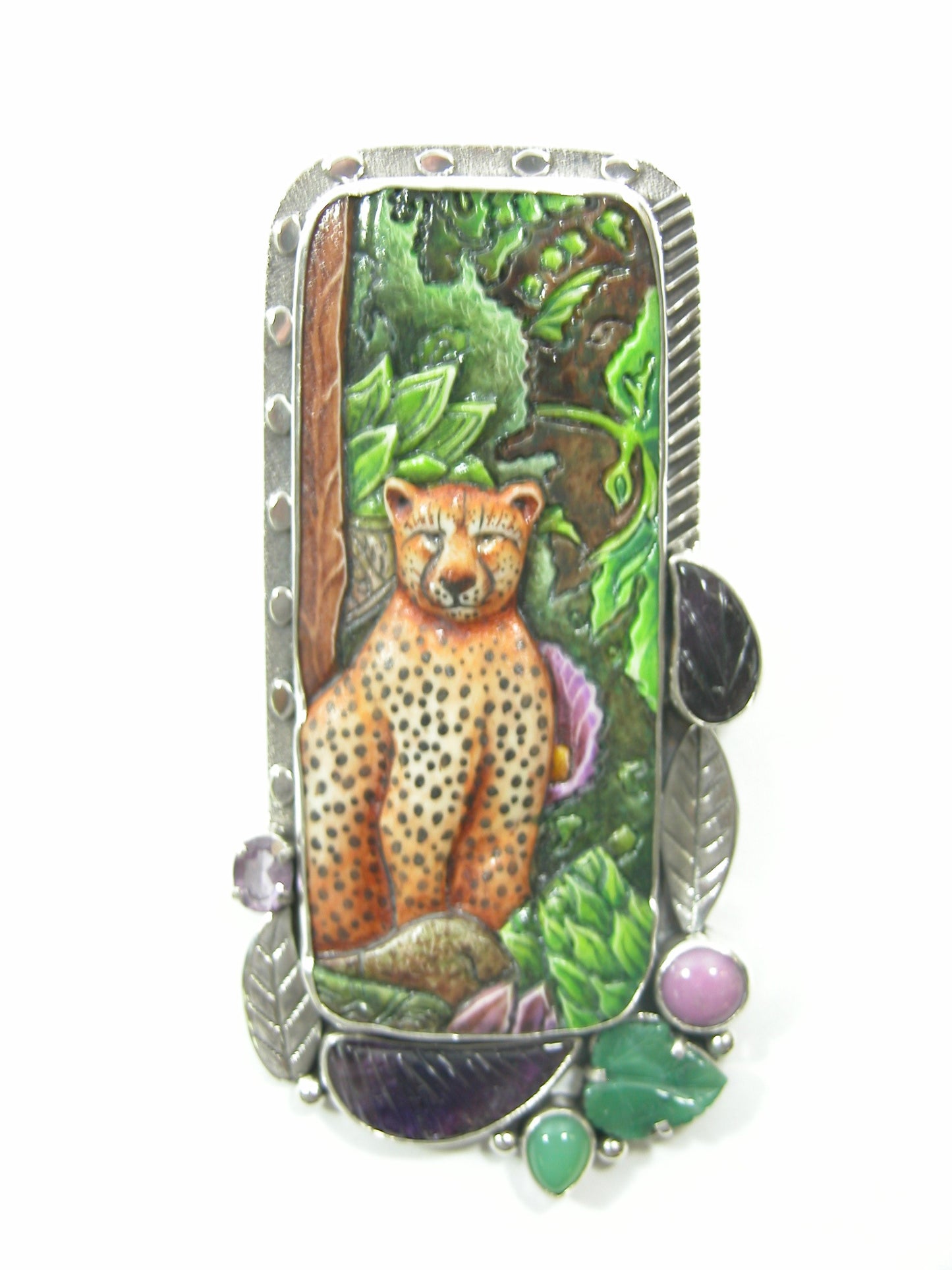 Carved Bone Jaguar with Amethyst Jade Pin Pendant