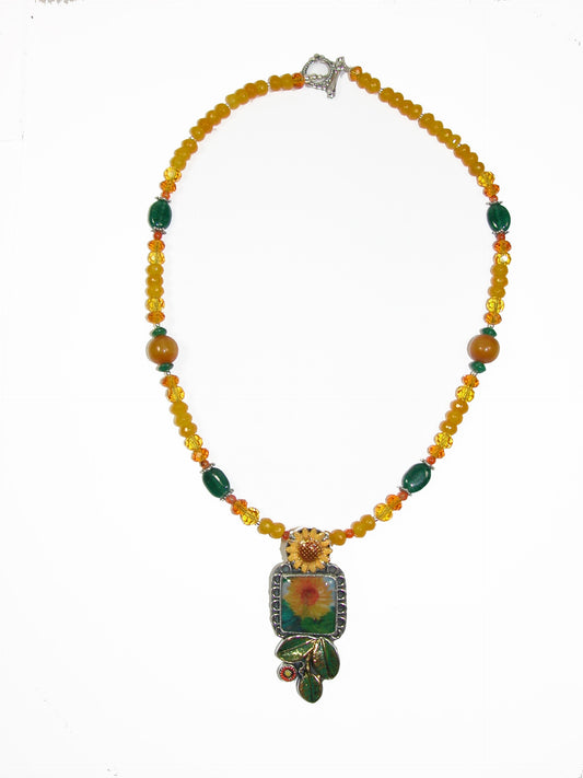 30144 Handmade Sunflower Tile Sterling Silver Necklace