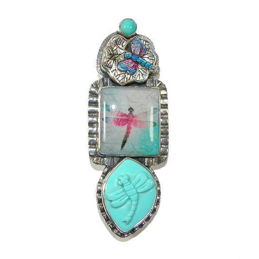 30145 Dragonfly Tile Enameled Carved Sterling Silver Pin and Pendant