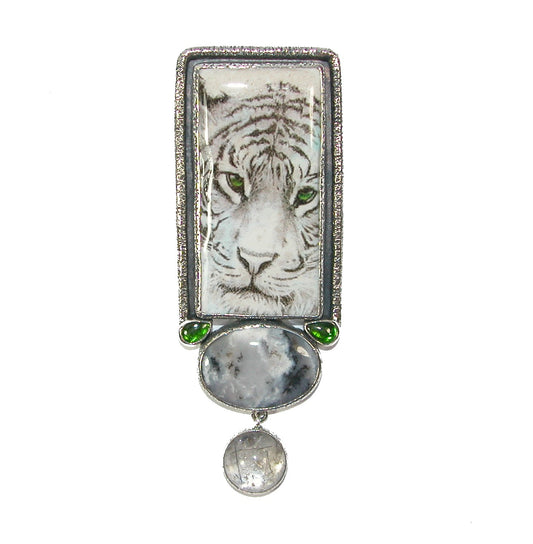 Handmade Tile Tiger with Dendritic Quartz Pin Pendant