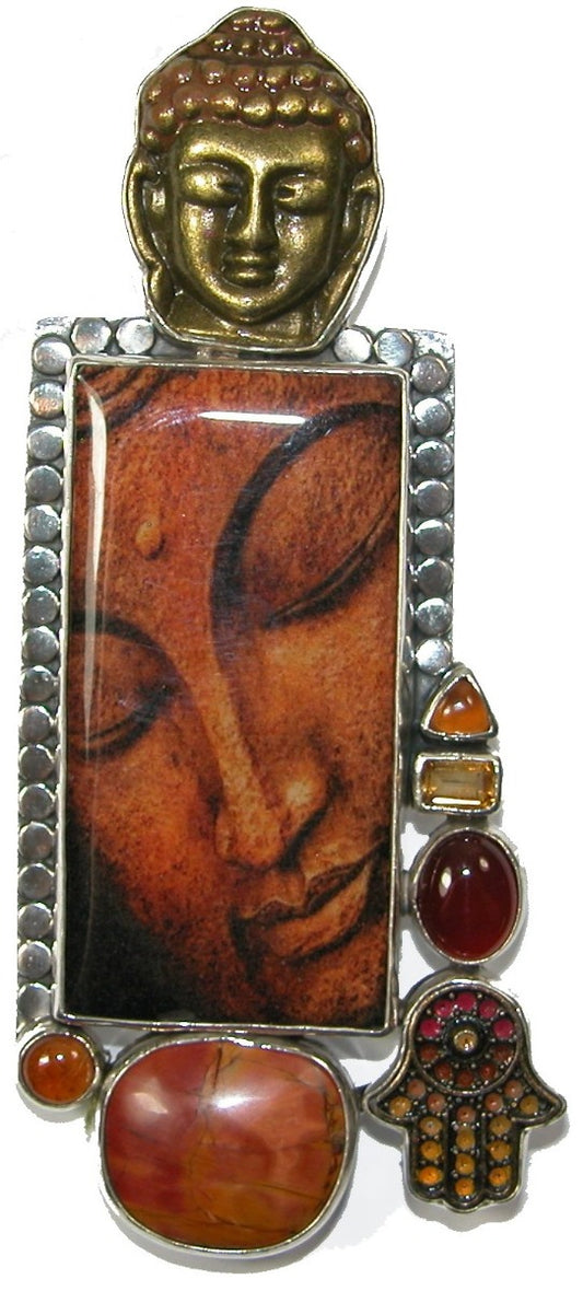 30151 Handmade Tile Buddha with Cherry Cheek Carnelian in Sterling Silver Pin Pendant