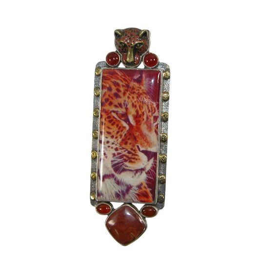 30152 Carnelian, Cherry Creek Jasper, Hand Made Tile, Hand Enameling Sterling Silver Pin Pendant