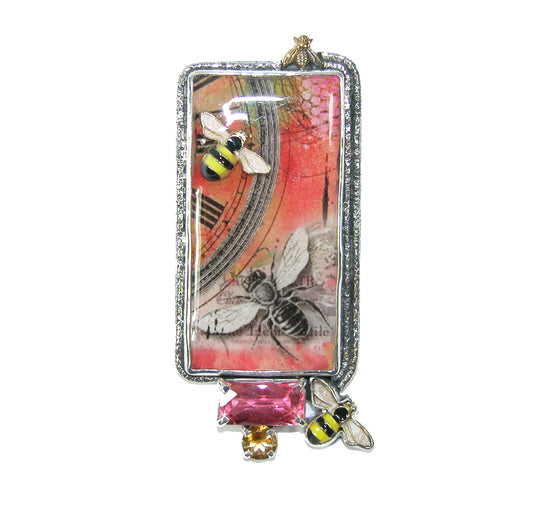 Handmade Bee Tile with Enameled Bee Pink Quartz Pin Pendant