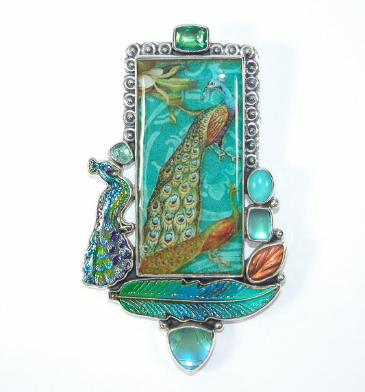 Handmade Tile Czech Glass Blue Quartz Amazonite Sterling Silver Pin Pendant