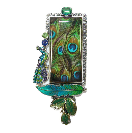 30164 Hand Made Peacock Tile, Celestial Quartz, Lapis Sterling Silver Pin and Pendant