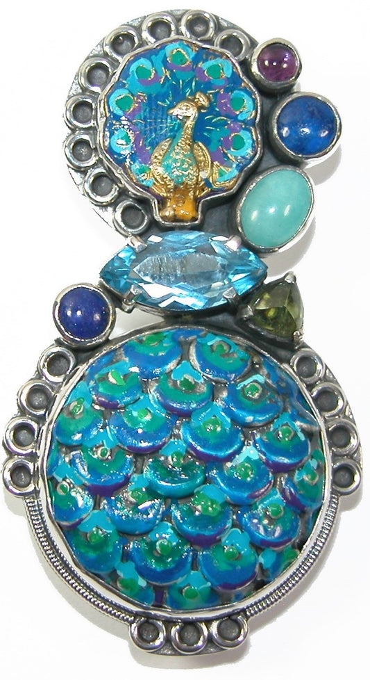 30170 Hand-painted enamel peacock with Amethyst Lapis Pin Pendant