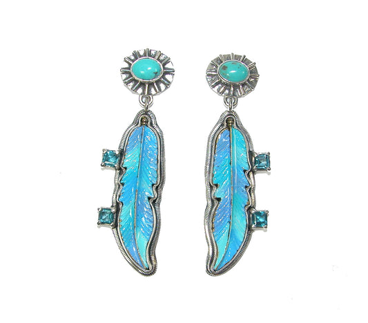 30171 Enamel Feather with Turquoise and Blue Topaz Earrings