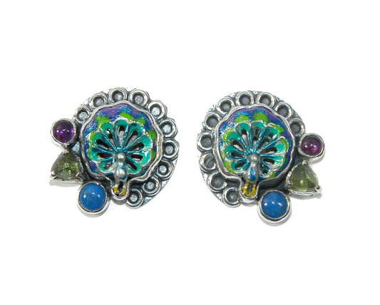 30174 Peacock Hand painted Enamel Amethysts Peridot Lapis Earring