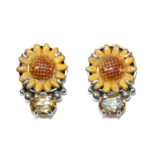 Citrine Hand Enameled Sunflower Sterling Silver Earrings