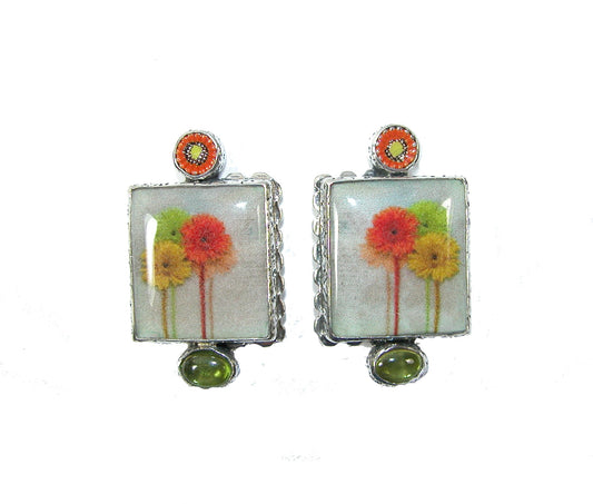 Handmade Tile Enamel with Peridot Sterling Silver Earrings