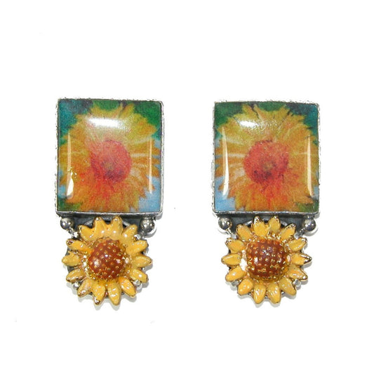 Handmade Sunflower Tile with Enamel Sterling Silver Earring