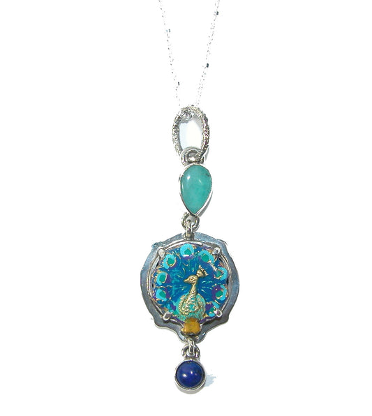 Hand-painted Enameled Peacock with Amazonite and Lapis Necklace