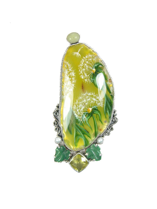 Serpentine Jade Hand Painted Agate Freshwater Pearl Pin Pendant