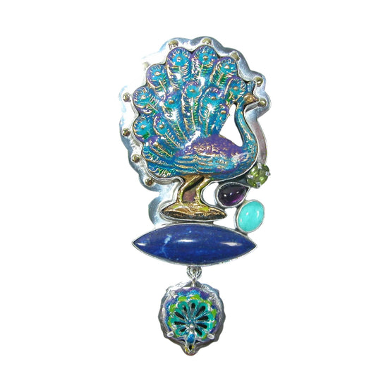 30199 Hand painted Enamel Peacock Lapis Amethyst Amazonite Pin Pendant