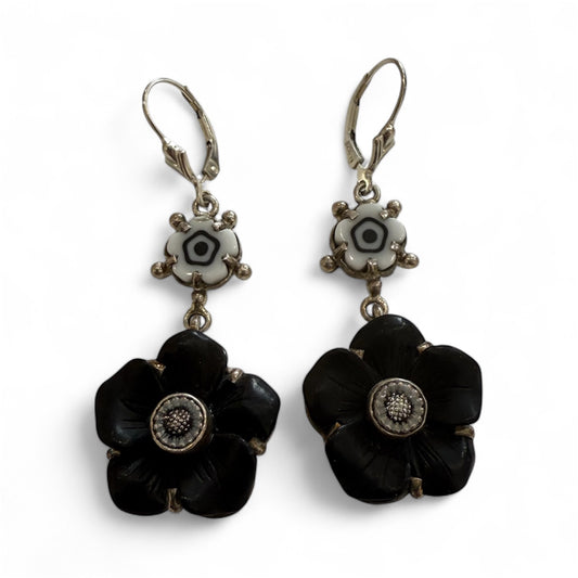 30520L Black Calcite Flower, Millefiori, Sterling Silver Earrings