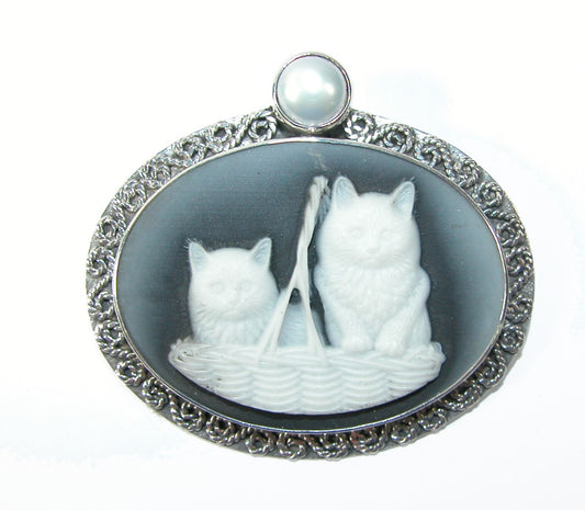 Cat Cameo with Freshwater Pearl on Sterling Siver Pin Pendant