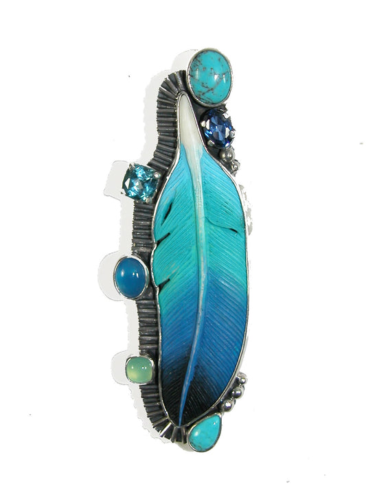 30201 Hand Carved Feather Blue Onyx, Blue Topaz, Moonstone, Turquoise Sterling Silver Pin and Pendant