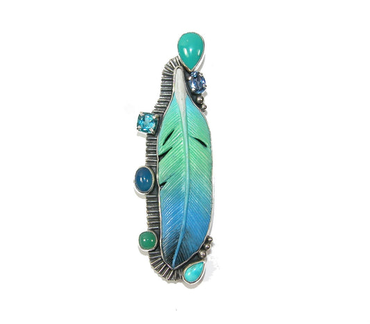 Hand Carved Feather Blue Onyx Sterling Silver Pin Pendant