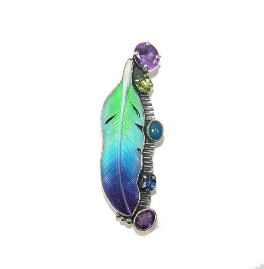 Carved Bone Feather with Amethyst Peridot Blue Onyx Blue Quartz Pin Pendant
