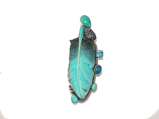 Carved Feather Bone with Natural Hematite Blue Onyx Amazonite Sterling Silver Pin Pendant