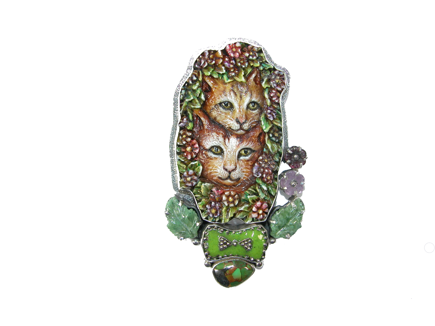 Hand carved Bone Turquoise Jade Cape Amethyst Pin Pendant