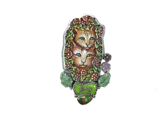 Hand carved Bone Turquoise Jade Cape Amethyst Pin Pendant