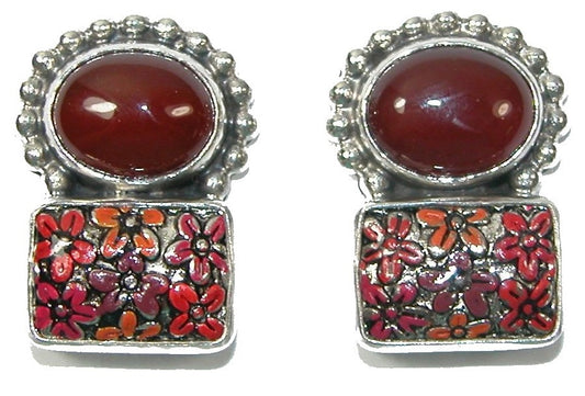 30224 Carnelian Hand Painted Enamel Flower Sterling Silver Earring