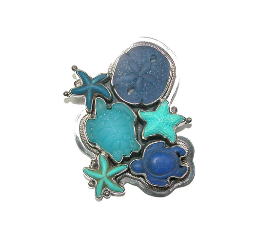 30242 Blue Lapis, Turquoise Sealife Sterling Silver Pin and Pendant