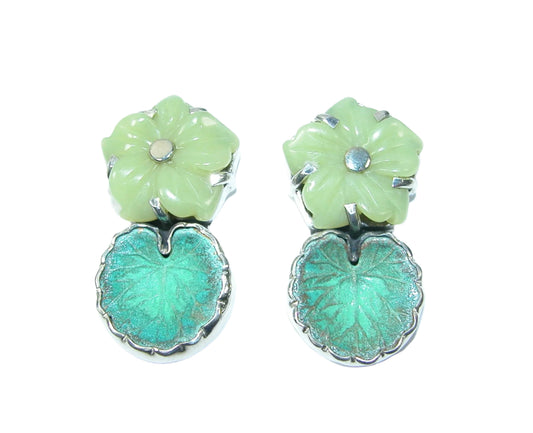 Lotus Leaf with Serpentine Jade Flower Earrings