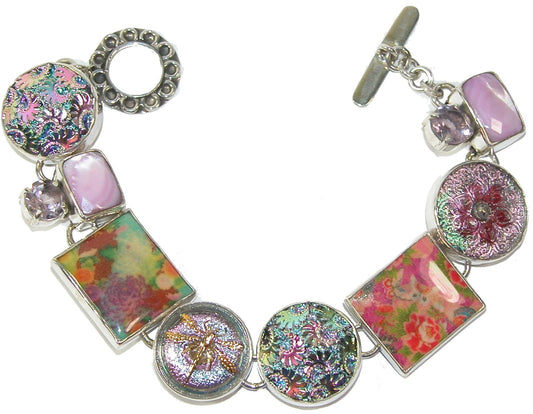Chech Glass Button with Handmade Tile Amethyst and Mother of Pearl Bracelet
