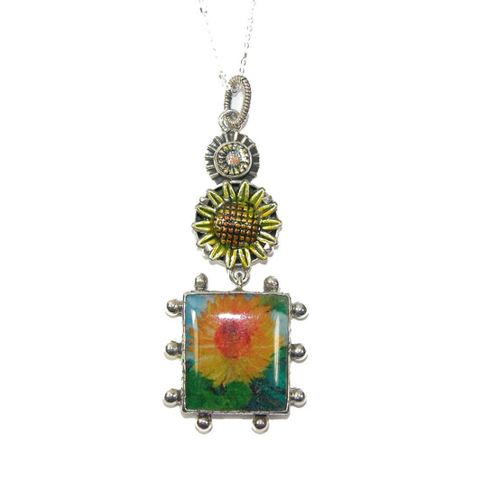 30264 Handmade Sunflower Tile Enameled Sterling Silver Necklace